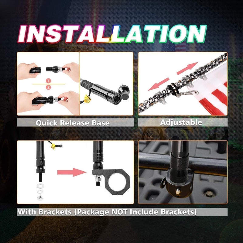AKD Part LED Whip Lights, AKD Part 2PCS 4FT Lighted Whips RF Remote Control RGB LED Whip Antenna Chase Lights Warning Light for UTV ATV SXS Side by Side RZR Can-Am Kawasaki Honda Trucks Boat - Image 5
